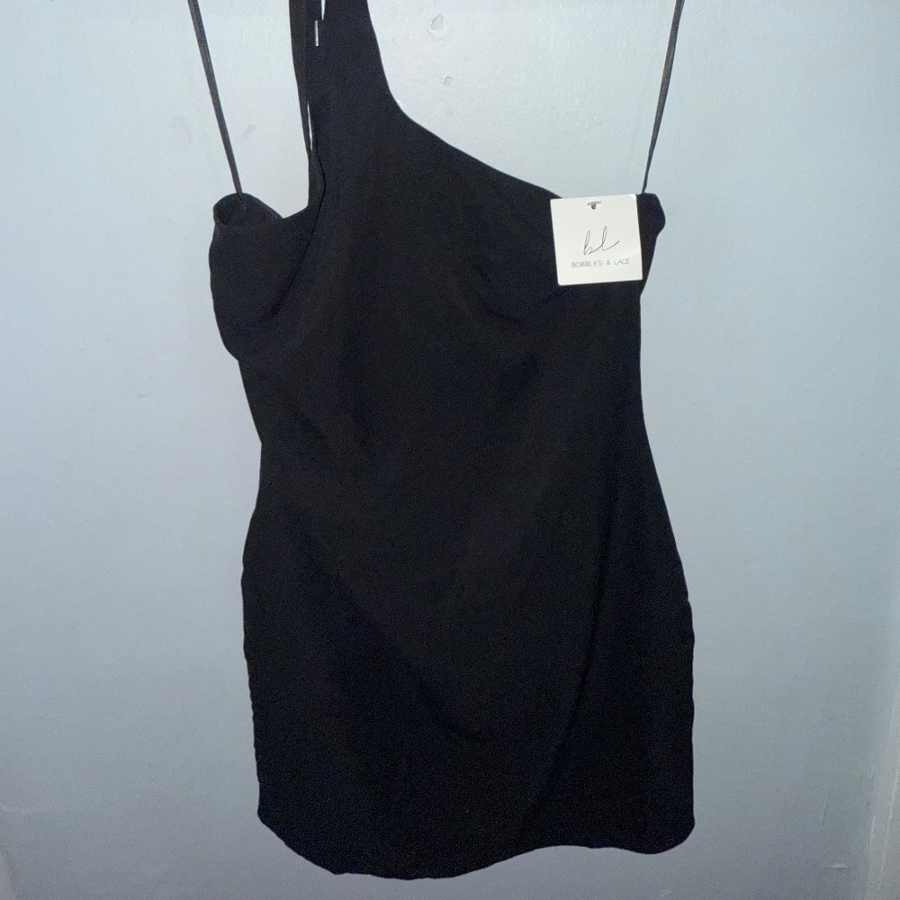 Brand New Bobbles & Lace One-Shoulder Black Mini Dress